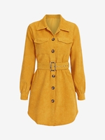 Mini Robe Chemise Ceinturée en Velours Côtelé avec Poche M Deep yellow