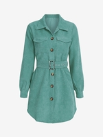 Mini Robe Chemise Ceinturée en Velours Côtelé avec Poche S Vert profond