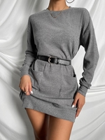 Mini Robe Côtelée en Tricot à Goutte Epaule avec Poche Xs Gris foncé