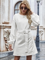 Mini Robe Décontractée Ceinturée à Manches Longues L Blanc