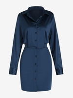 Mini Robe de Chemise Soyeuse à Manches Longues L Bleu profond