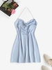 Mini Robe de Soirée en Fausse Perle à Col Halter L Bleu clair