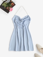 Mini Robe de Soirée en Fausse Perle à Col Halter L Bleu clair