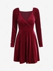 Mini-Robe de Soirée Superposée en Velours à Manches Longues L Rouge foncé