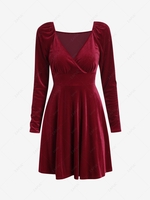 Mini-Robe de Soirée Superposée en Velours à Manches Longues L Rouge foncé