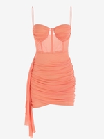 Mini Robe Drapée à Bretelle en Maille Transparente M Orange foncé