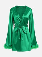 Mini-Robe Enveloppée à Ourlet avec Plume en Satin M Vert