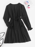 Mini Robe Enveloppée en Couleur Unie à Manches Longues Xs Noir