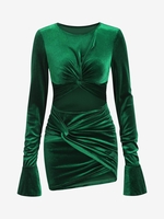 Mini Robe Fendue Découpée Tordue à Manches de Cloche en Velours S Vert profond