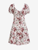 Mini-Robe Fleurie à Manches Bouffantes à Col Noué M Blanc
