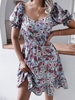 Mini-Robe Fleurie à Taille Plissée à Manches Bouffantes S Bleu clair