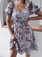 Mini-Robe Fleurie à Taille Plissée à Manches Bouffantes S Bleu clair