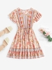Mini-Robe Fleurie Bouton en Avant à Taille Nouée Style Bohémien L Rose clair