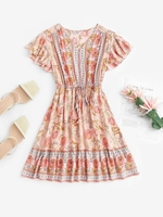 Mini-Robe Fleurie Bouton en Avant à Taille Nouée Style Bohémien L Rose clair