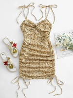 Mini Robe Fleurie Tordue à Epaule Nouée à Volants M Jaune clair