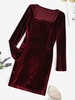 Mini Robe Moulante à Col Carré en Velours M Rouge vineux