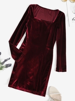 Mini Robe Moulante à Col Carré en Velours M Rouge vineux