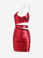 Mini Robe Moulante Découpée Métallique avec Strass à Col Oblique à Volants S Rouge