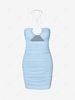 Mini Robe Moulante Découpée sans Dos à Volants à Col Halter M Bleu clair