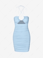Mini Robe Moulante Découpée sans Dos à Volants à Col Halter M Bleu clair
