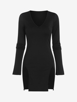 Mini Robe Moulante Fendue à Col V M Noir