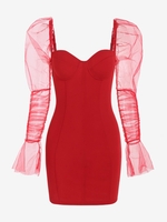 Mini Robe Moulante Épissée Sexy Polyvalent à Manches Longues en Maille Jointive S Rouge