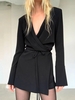 Mini Robe Nouée à Manches Longues à Revers L Noir