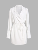 Mini Robe Nouée à Manches Longues à Revers S Blanc
