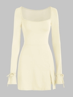 Mini Robe Nouée Fendue à Col U L Jaune