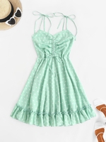 Mini Robe Plissée à Epaule Nouée à Pois M Vert