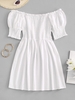 Mini-Robe Plissée à Manches Bouffantes L Blanc