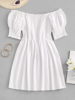 Mini-Robe Plissée à Manches Bouffantes L Blanc
