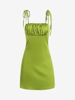 Mini Robe Plissée Au Poitrine à Epaule Nouée en Satin S Vert