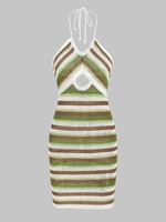 Mini Robe Rayée Découpée Au Crochet Ouverte Au Dos à Col Halter M Vert
