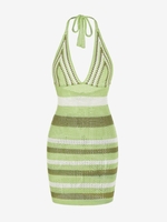 Mini Robe Rayée Tricotée Au Crochet sans Dos à Col Halter L Vert