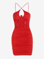 Mini Robe Style Corset Entrecroisée Insertion en Maille Froncée S Rouge