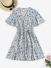 Mini Robe Superposée Fleurie à Taille Nouée à Manches Bouffantes M Bleu
