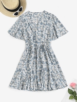 Mini Robe Superposée Fleurie à Taille Nouée à Manches Bouffantes M Bleu