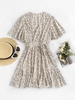 Mini Robe Superposée Fleurie à Taille Nouée à Manches Bouffantes M Café lumière