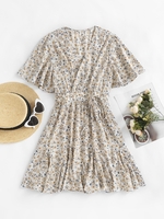 Mini Robe Superposée Fleurie à Taille Nouée à Manches Bouffantes M Café lumière