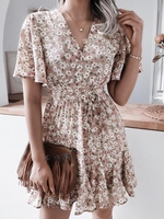 Mini Robe Superposée Fleurie à Taille Nouée à Manches Bouffantes M Rose clair