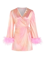 Mini Robe Teintée Soyeuse à Ourlet avec Plume à Pois L Rose clair