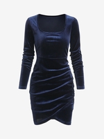 Mini Robe Tulipe à Manches Longues en Velours L Bleu profond