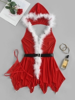 Nuisette de Noël à Capuche à Ourlet avec Ceinture et T-String L Rouge