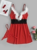 Nuisette Lingerie de Noël Robe à Empiècement Plume avec T-String S Rouge