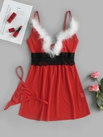 Nuisette Lingerie de Noël Robe à Empiècement Plume avec T-String S Rouge
