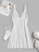 Nuisette Lingerie en Dentelle en Maille Transparente avec Culotte S Blanc