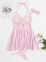 Nuisette Lingerie Ras-du-cou en Dentelle en Maille Transparente avec T-String L Rose clair
