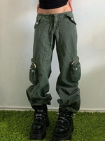 Pantalon Cargo à Jambes Larges avec Cordon de Serrage et Fermeture Éclair L Vert profond
