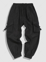 Pantalon Cargo de Couleur Unie à Plusieurs Poches Streetwear L Noir